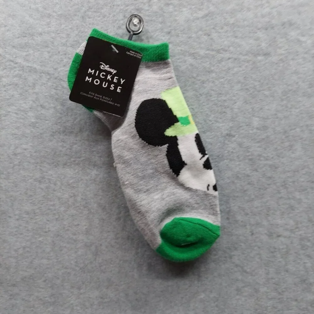 Disney Mickey Mouse Saint Patty Ankle Socks Gray & Green Fits Shoe Sizes 4-10
